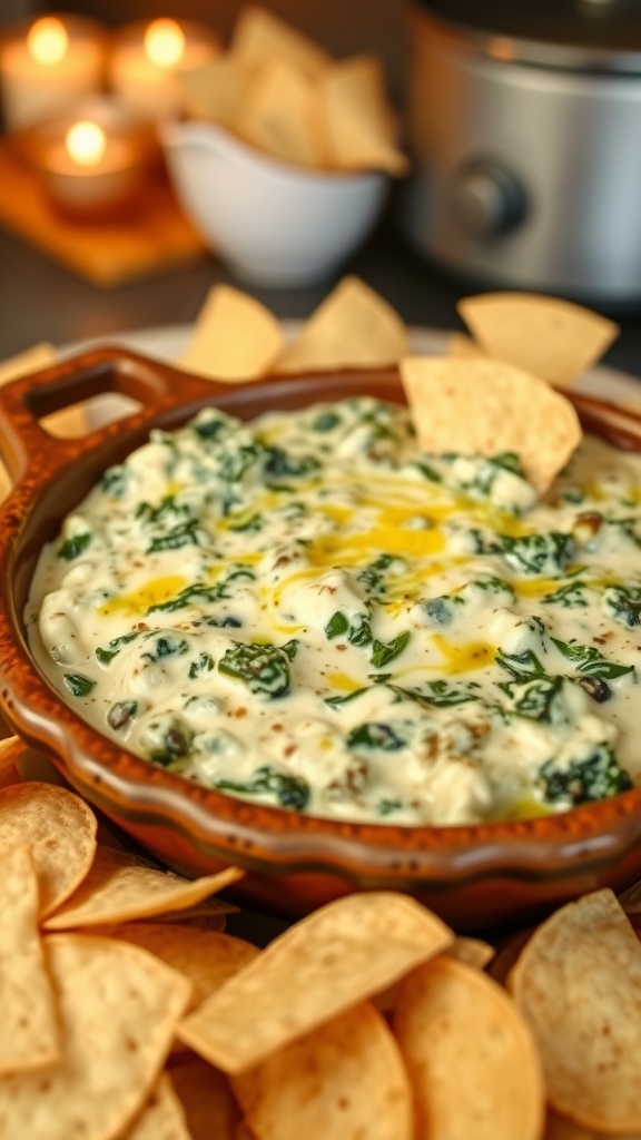 Creamy spinach artichoke dip in a rustic dish with tortilla chips on the side.